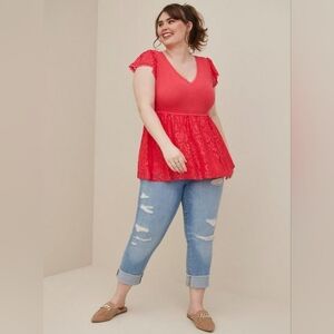 Torrid Pink Babydoll Fabric Mix Super Soft V-Neck Lace Trim Top Size 3X